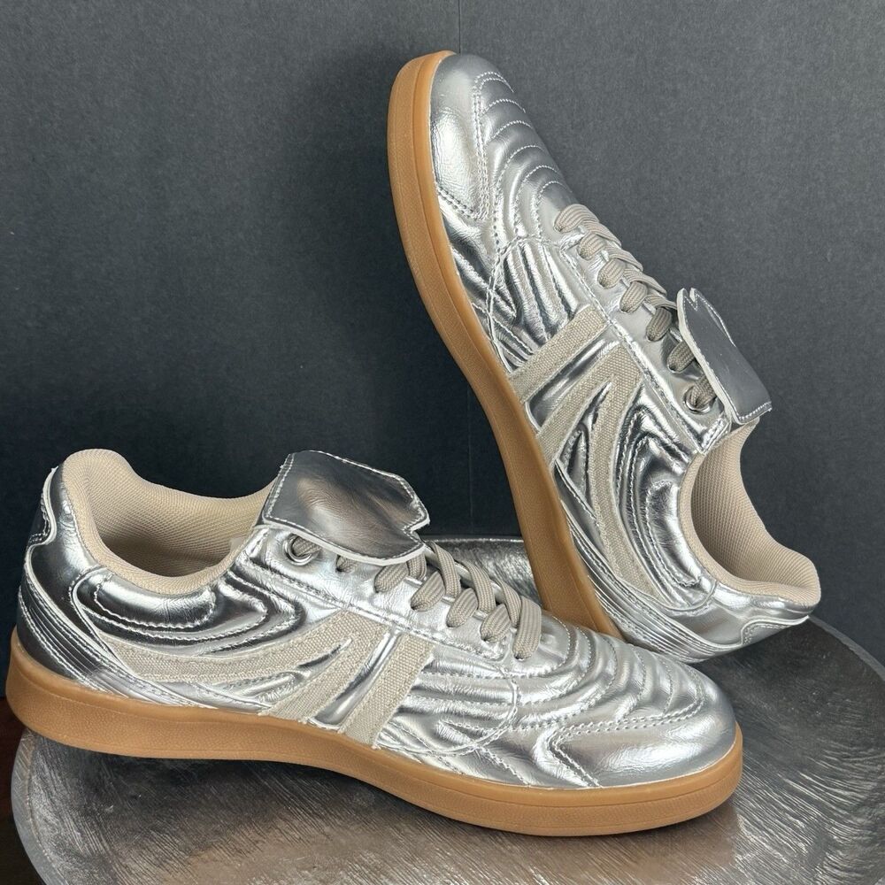 Streatwear Edgy Steve Madden Women Madrid Silver Sneaker Size 6.5 Bujee Glam - Picture 7 of 13